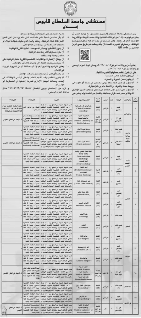 وظائف مستشفى جامعة السلطان قابوس بسلطنة عمان 